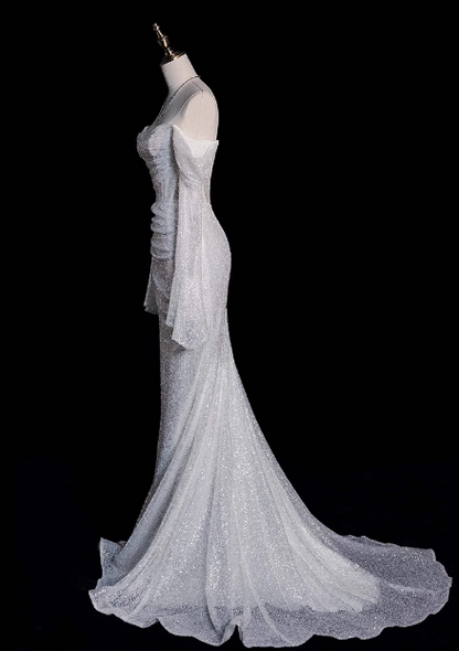 Robe de mariée sirène scintillante à épaules dénudées et manches longues P2701