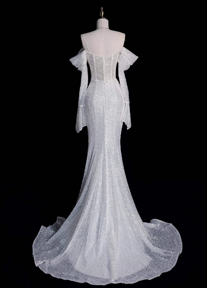 Robe de mariée sirène scintillante à épaules dénudées et manches longues P2701