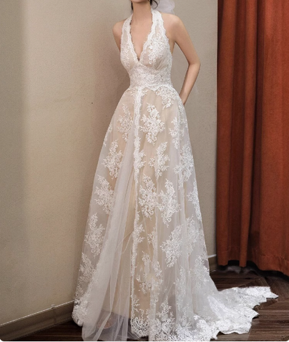 Französisches Retro-Spitzen-Neckholder-Off-Shoulder bodenlanges A-Linien-Hochzeitskleid P2706