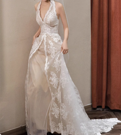 Französisches Retro-Spitzen-Neckholder-Off-Shoulder bodenlanges A-Linien-Hochzeitskleid P2706