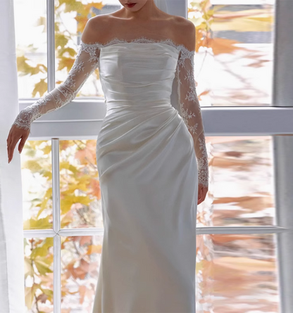 White Elegant One Shoulder Lace Silk Satin Wedding Dress P2708 – PreppyDress