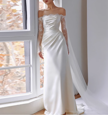 Weißes elegantes One-Shoulder-Hochzeitskleid aus Seidensatin mit Spitze P2708