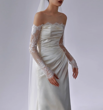 Weißes elegantes One-Shoulder-Hochzeitskleid aus Seidensatin mit Spitze P2708