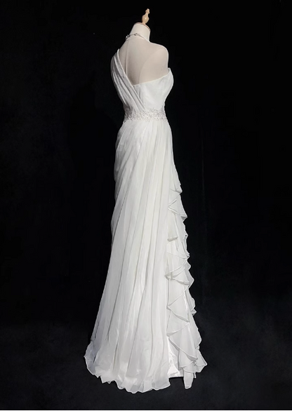 Französisches, weißes, ärmelloses, bodenlanges Brautkleid mit One-Shoulder-Träger P2719
