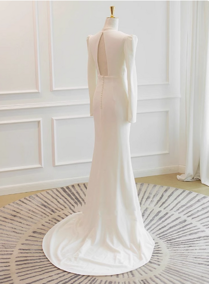 sachin and babi light blue dress Simple Satin Elegant Wedding Dress with Cold Shoulder Sleeves G78004 main image 1