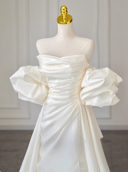 White satin tube top small train simple wedding dress P2726