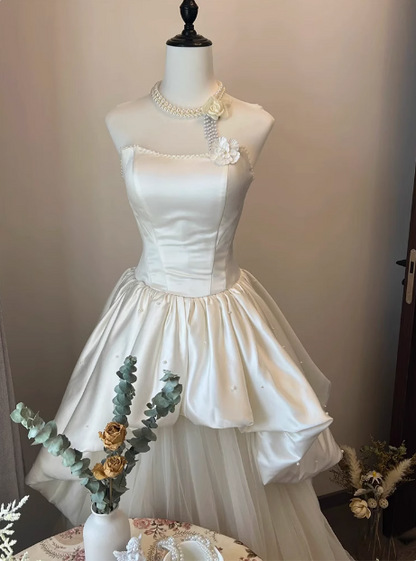 French Strapless Satin Tulle A-Line Wedding Dress with Tie-Back P2732