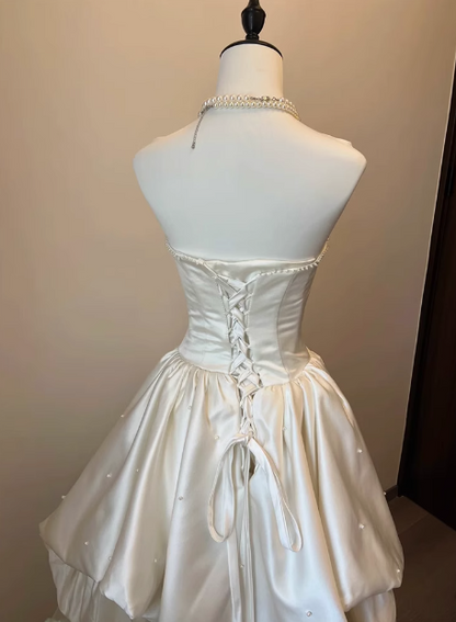 French Strapless Satin Tulle A-Line Wedding Dress with Tie-Back P2732