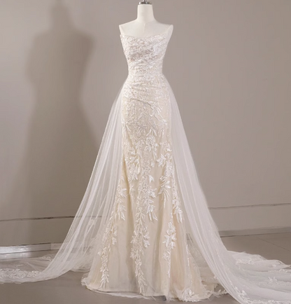 Elegantes trägerloses Oberteil Spitze kleiner Schleppe Meerjungfrau Retro Hochzeitskleid P2734