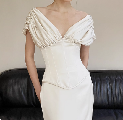 Simple Deep V Neck Satin Waist Bodycon Mermaid Wedding Dress P2735