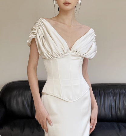 Simple Deep V Neck Satin Waist Bodycon Mermaid Wedding Dress P2735
