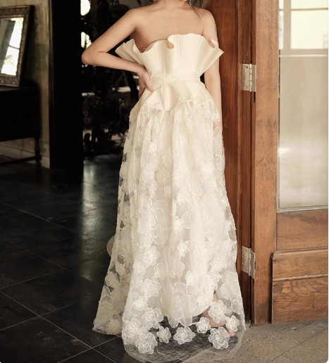 French off-shoulder lace wedding dress with waist P2736