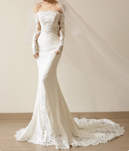 Französisches schlichtes One-Shoulder-Brautkleid aus Spitze und Satin mit langen Ärmeln und Meerjungfrauen-Schnitt P2738