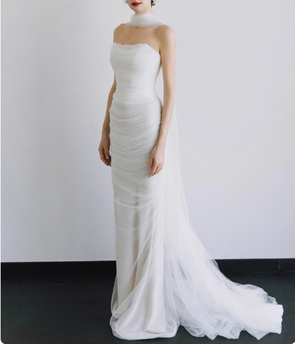 Französisches trägerloses schlichtes Satinkorsett, weißes Meerjungfrauen-Hochzeitskleid P2739