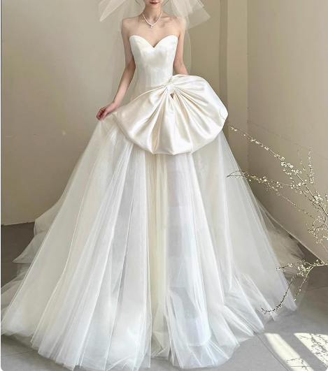 Princess Heart Shaped Neck Tulle Satin Spliced A-line Butterfly Weddin – PreppyDress