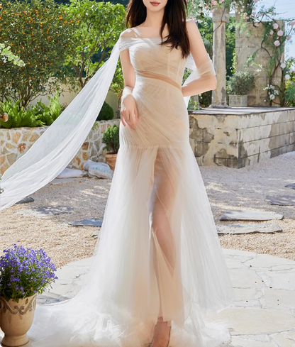 Flowing One Shoulder Strapless Tulle Waisted Mermaid Wedding Dress P2742 - AS PHOTO / US2 Flowing One Shoulder Strapless Tulle Waisted Mermaid Wedding Dress P2742 - AS PHOTO / US2