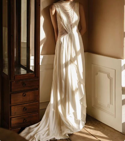 Chic Satin Schwer Perlen Halskette Sexy Rückenfrei Schmale Schleppe Brautkleid P2744
