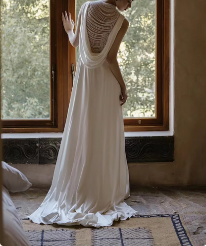 Chic satin heavy pearl necklace sexy backless small train wedding dres