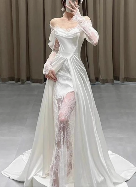 French Retro Lace Satin One Shoulder Small Train Wedding Dress P2745