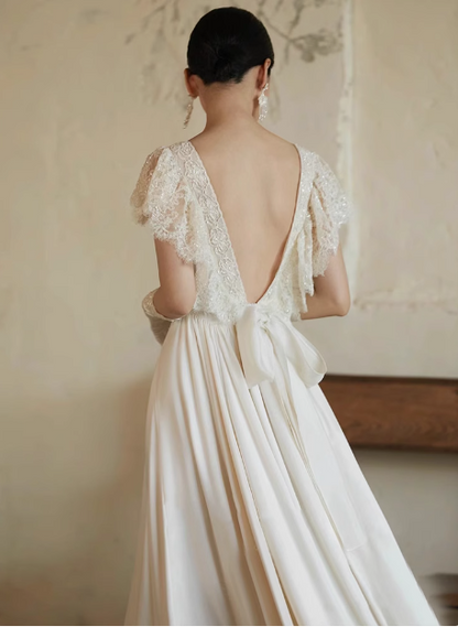 Flowing French Satin Backless Lace Vintage Wedding Dress P2749 – PreppyDress