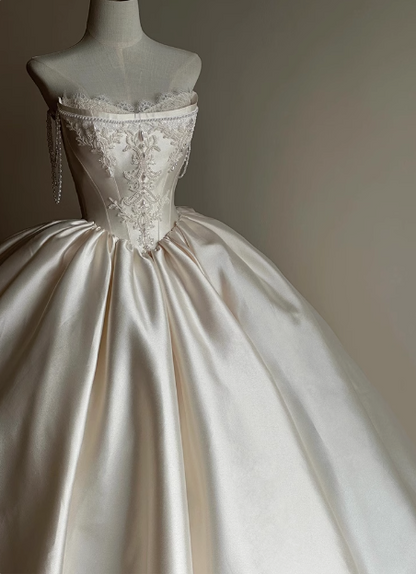 French Retro Satin Strapless Ball Gown Long Wedding Dress P2758