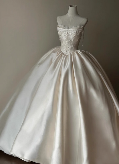 French Retro Satin Strapless Ball Gown Long Wedding Dress P2758