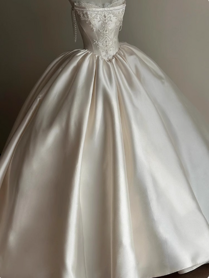 French Retro Satin Strapless Ball Gown Long Wedding Dress P2758