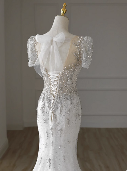 White fishtail French short sleeve wedding dress with back straps and small train P2759