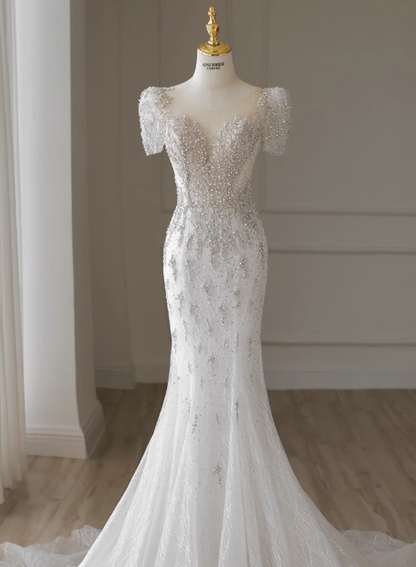 White fishtail French short sleeve wedding dress with back straps and small train P2759