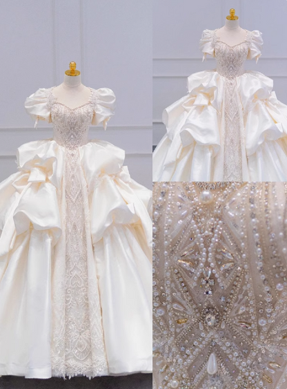 Französische Prinzessin Satin Puffärmel Perlen Weiß Bodenlanges Hochzeitskleid P2762