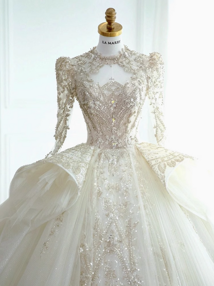 Französischer Stil Langarm Palace Stil weißes, aufwendig perlenbesetztes A-Linien-Brautkleid in Bodenlänge P2763
