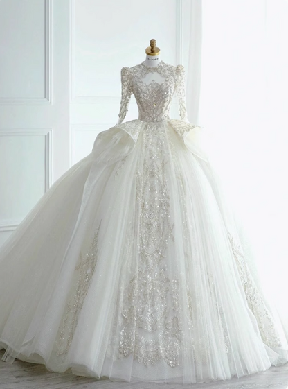 Französischer Stil Langarm Palace Stil weißes, aufwendig perlenbesetztes A-Linien-Brautkleid in Bodenlänge P2763