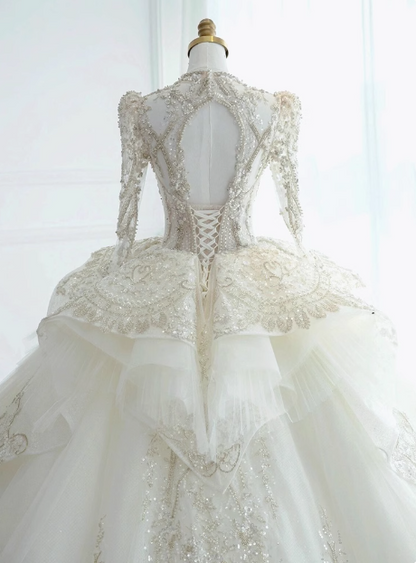 Französischer Stil Langarm Palace Stil weißes, aufwendig perlenbesetztes A-Linien-Brautkleid in Bodenlänge P2763
