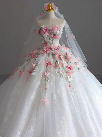 Strapless Runaway Princess Floral Tulle Floor-Length Wedding Dress P2764
