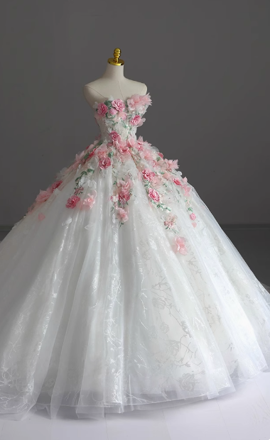 princess pink and white wedding dress Strapless Runaway Princess Floral Tulle Floor-Length Wedding Dress P27 PreppyDress