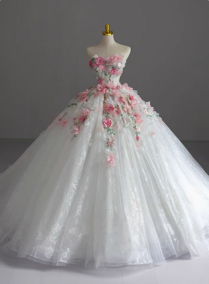 Strapless Runaway Princess Floral Tulle Floor-Length Wedding Dress P2764