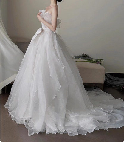 White simple and elegant tube top tulle A-line wedding dress P2766 –  PreppyDress
