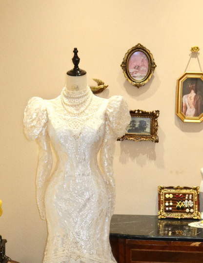 fitted lace wedding dress Chic Vintage Mermaid Turtleneck Lace Long Sleeve Elegant Wedding Dress –  PreppyDress