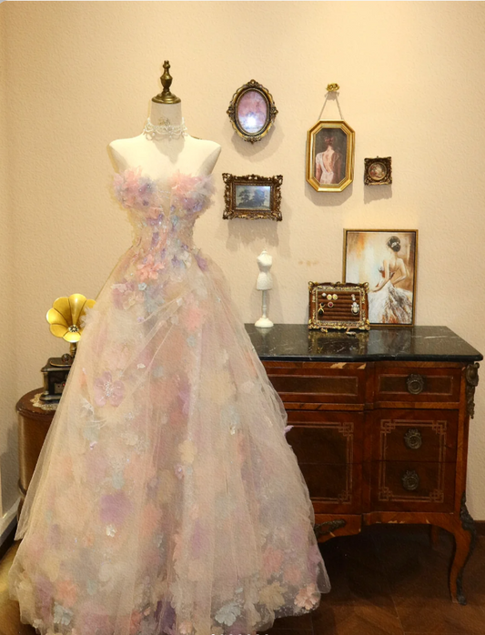 Princess Tulle Flower Strapless A-Line Floor-Length Wedding Dress P2775