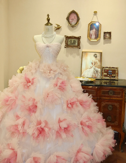 Prinzessin Pink Trägerloses Blumen A-Linie Tüll Bodenlanges Hochzeitskleid P2777
