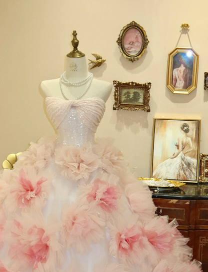 Prinzessin Pink Trägerloses Blumen A-Linie Tüll Bodenlanges Hochzeitskleid P2777