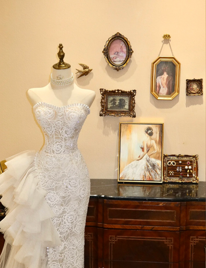 French Retro Lace Tulle Splicing Sweetheart Neck Small Train Wedding D –  PreppyDress
