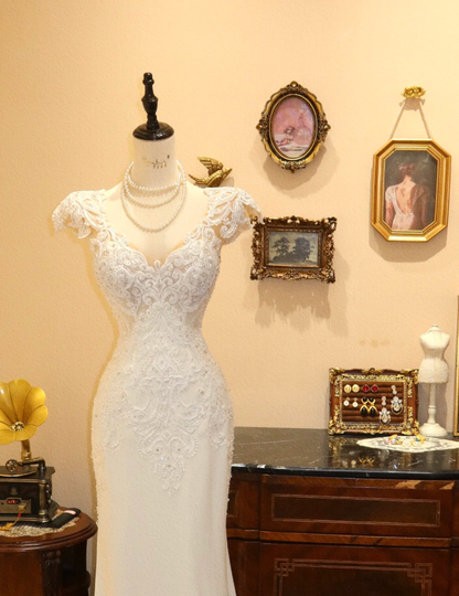 Vintage White Lace Satin Mermaid Wedding Dress P2784