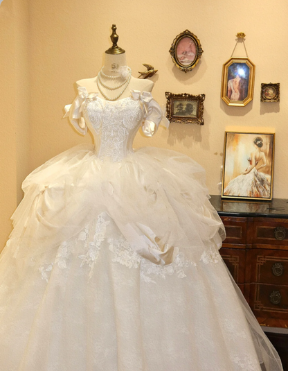 Prinzessin schulterfreies A-Linien Brautkleid aus Spitze und Tüll, bodenlang P2786