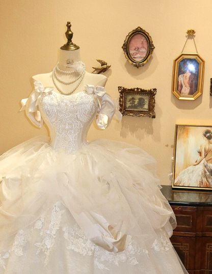 Prinzessin schulterfreies A-Linien Brautkleid aus Spitze und Tüll, bodenlang P2786
