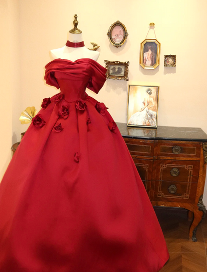 Wunderschönes rotes, satinartiges, schulterfreies A-Linien-Brautkleid in Bodenlänge P2787