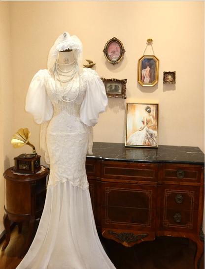 Vintage White Lace V-Neck Puff Sleeve Mermaid Wedding Dress P2788 PreppyDress Vintage White Lace V-Neck Puff Sleeve Mermaid Wedding Dress P2788 PreppyDress
