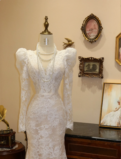 Elegant Vintage White Lace V-Neck Long Sleeve Mermaid Wedding Dress P2 PreppyDress Elegant Vintage White Lace V-Neck Long Sleeve Mermaid Wedding Dress P2 PreppyDress