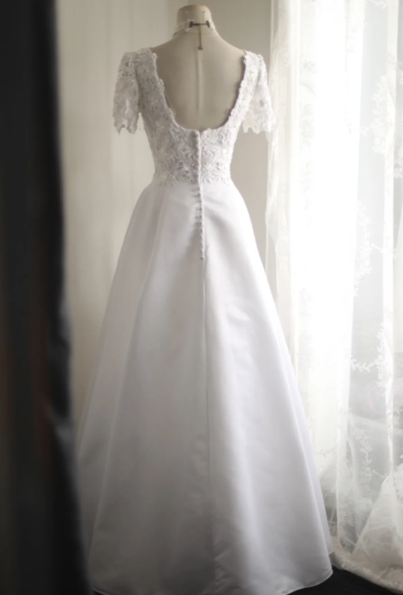 Vintage Square Neck Short Sleeve Satin Elegant Floor-Length Wedding Dr – PreppyDress