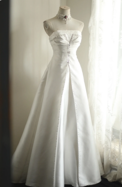 Retro Royal Princess Handbesticktes Schleifen-A-Linien Brautkleid aus Satin, bodenlang, P2808